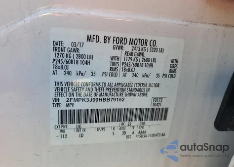 2017 Ford Edge Sel z USA, uszkodzony, nr VIN 2FMPK3J99HBB79152